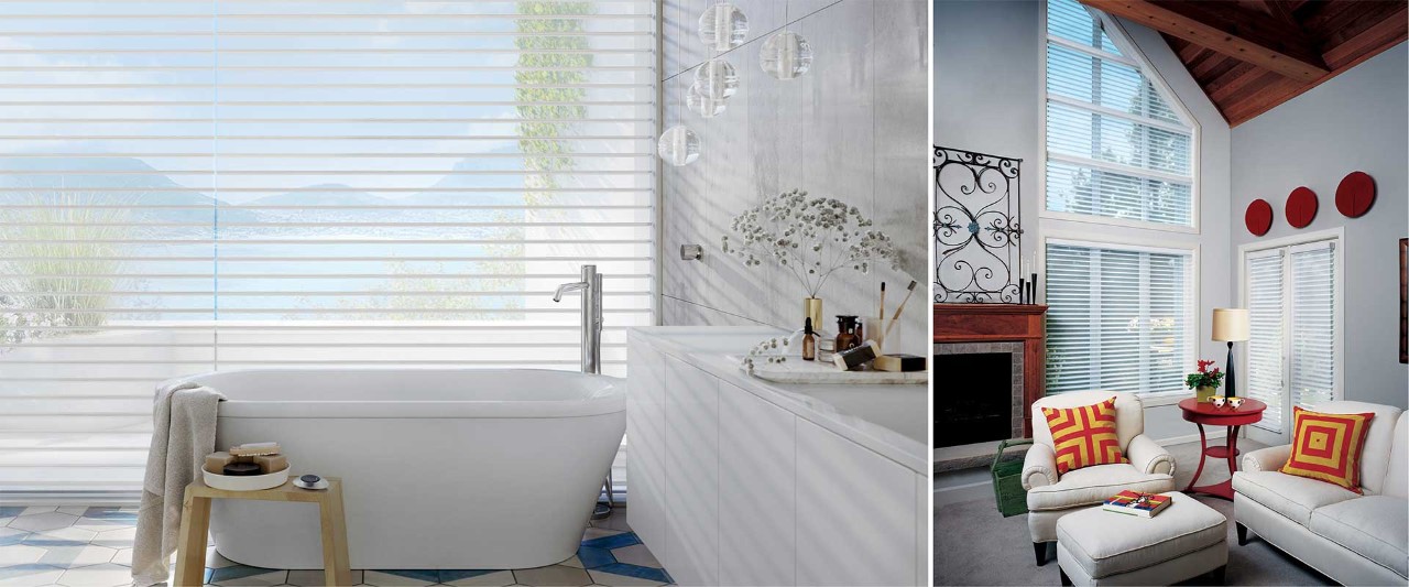 Left image: A bathtub against a large window with blinds. Right image: a living room with large windows showcasing nantucket blinds